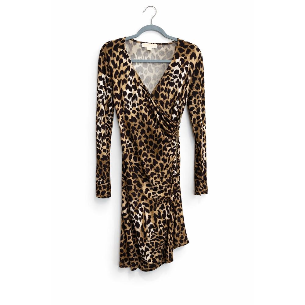 Michael Kors Leopard Print Wrap Dress Gold Hardware Long Sleeve Size 4